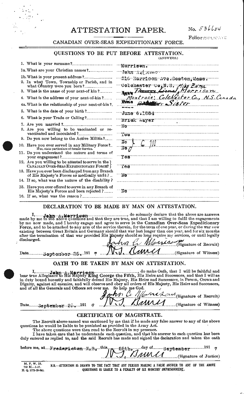Dossiers du Personnel de la Première Guerre mondiale - CEC 507007a