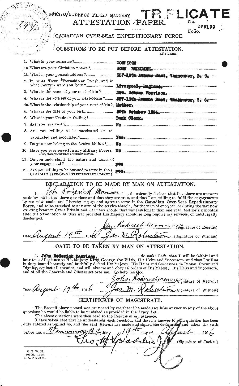 Dossiers du Personnel de la Première Guerre mondiale - CEC 507069a