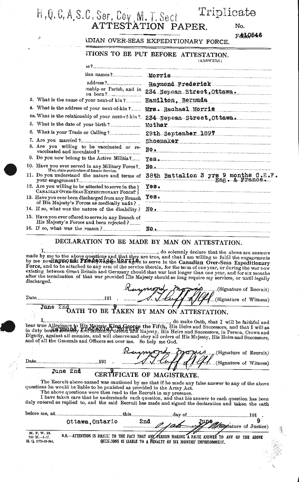 Dossiers du Personnel de la Première Guerre mondiale - CEC 508627a
