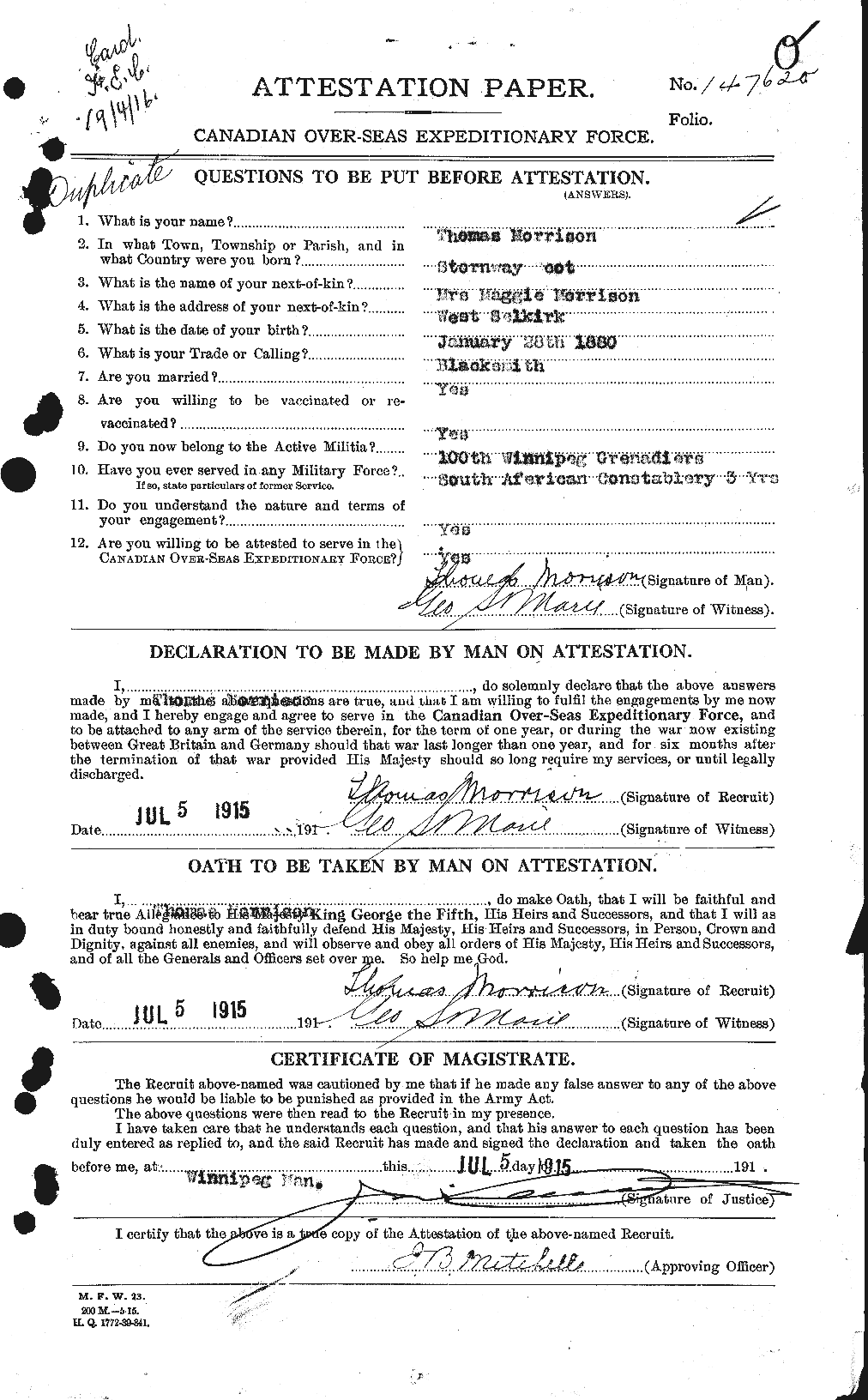 Dossiers du Personnel de la Première Guerre mondiale - CEC 509175a