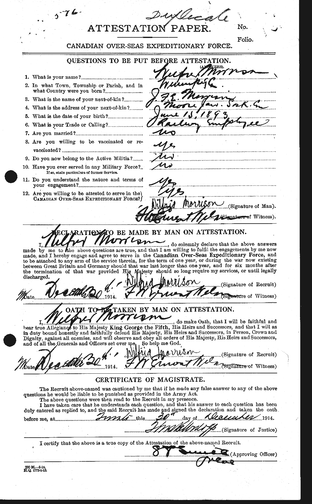 Dossiers du Personnel de la Première Guerre mondiale - CEC 509225a