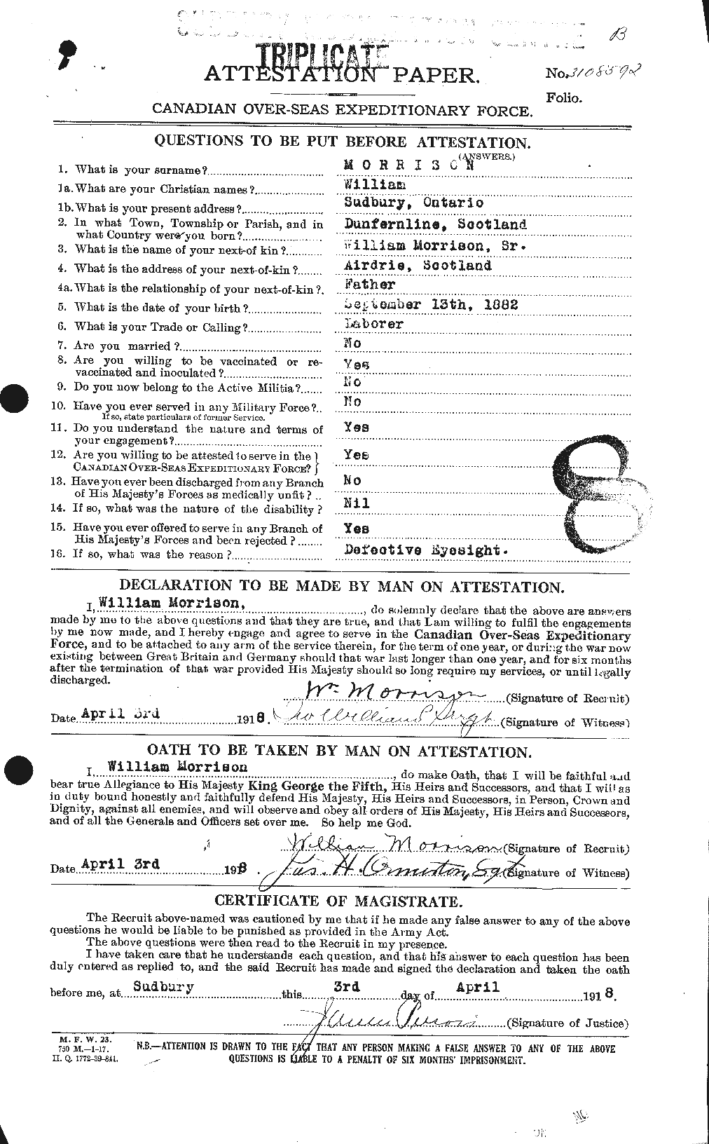 Dossiers du Personnel de la Première Guerre mondiale - CEC 509258a