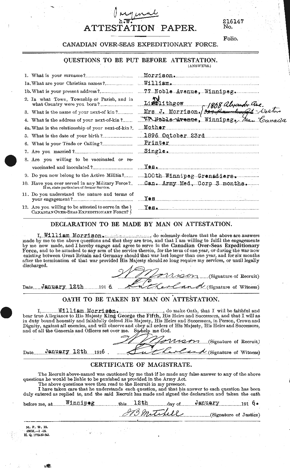 Dossiers du Personnel de la Première Guerre mondiale - CEC 509267a