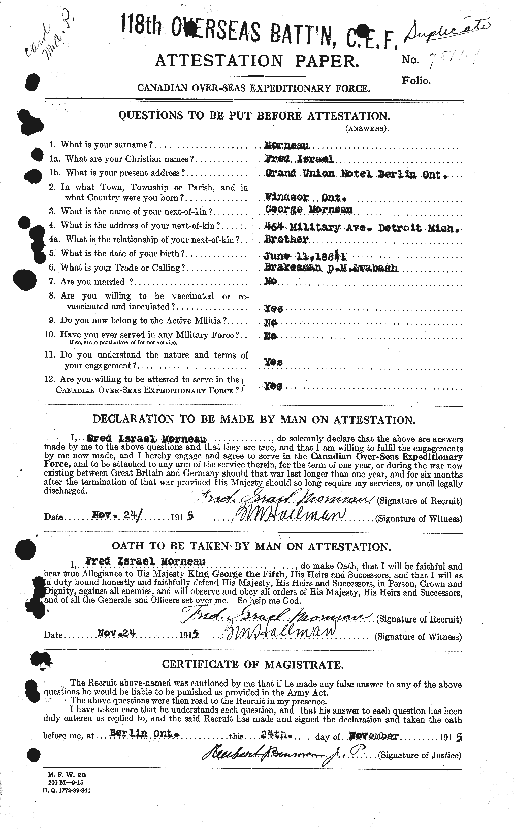 Dossiers du Personnel de la Première Guerre mondiale - CEC 510756a
