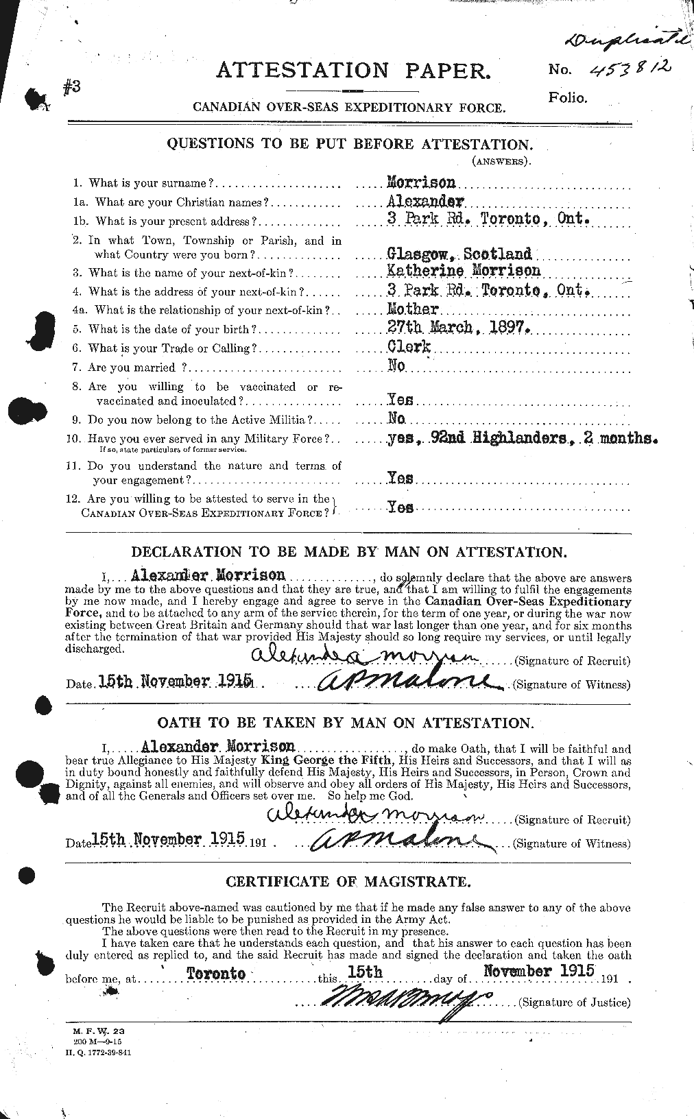 Dossiers du Personnel de la Première Guerre mondiale - CEC 510994a
