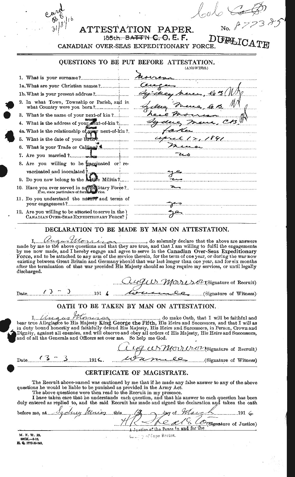 Dossiers du Personnel de la Première Guerre mondiale - CEC 511040a