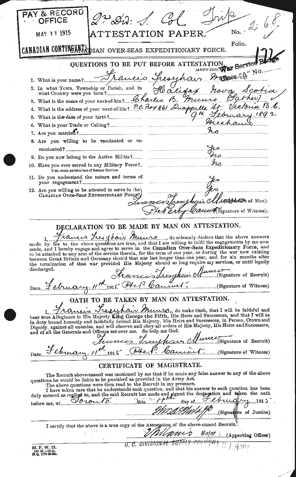 Dossiers du Personnel de la Première Guerre mondiale - CEC 513825a