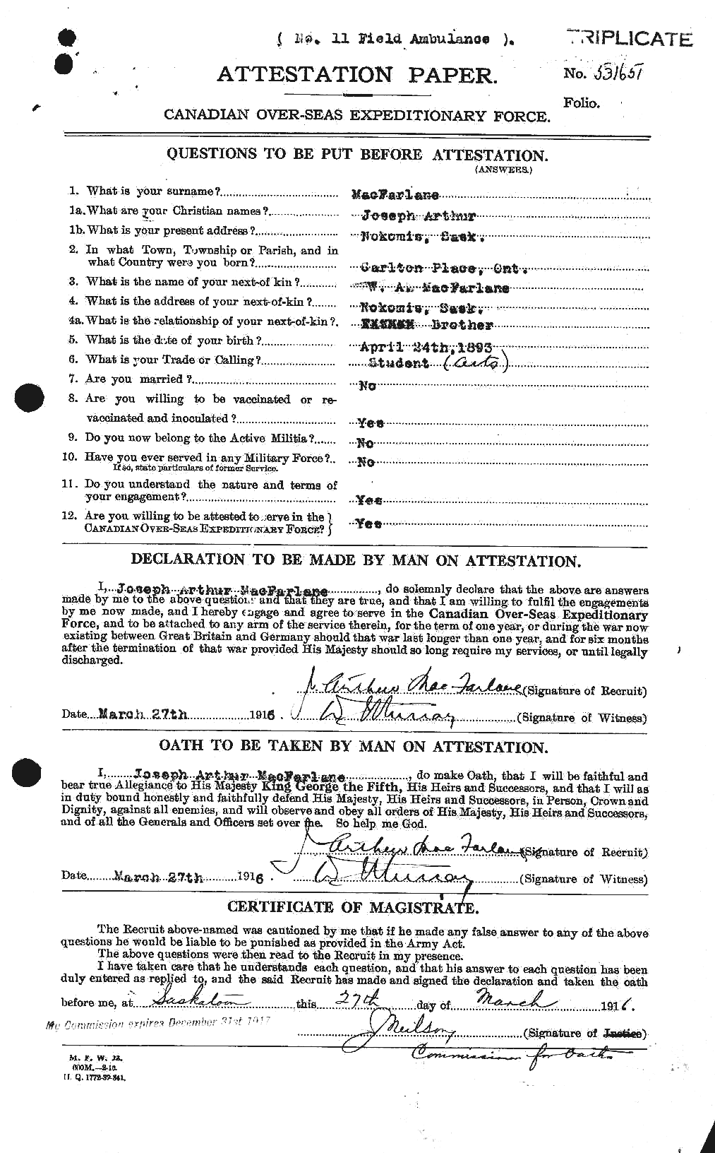 Personnel Records of the First World War - CEF 522711a