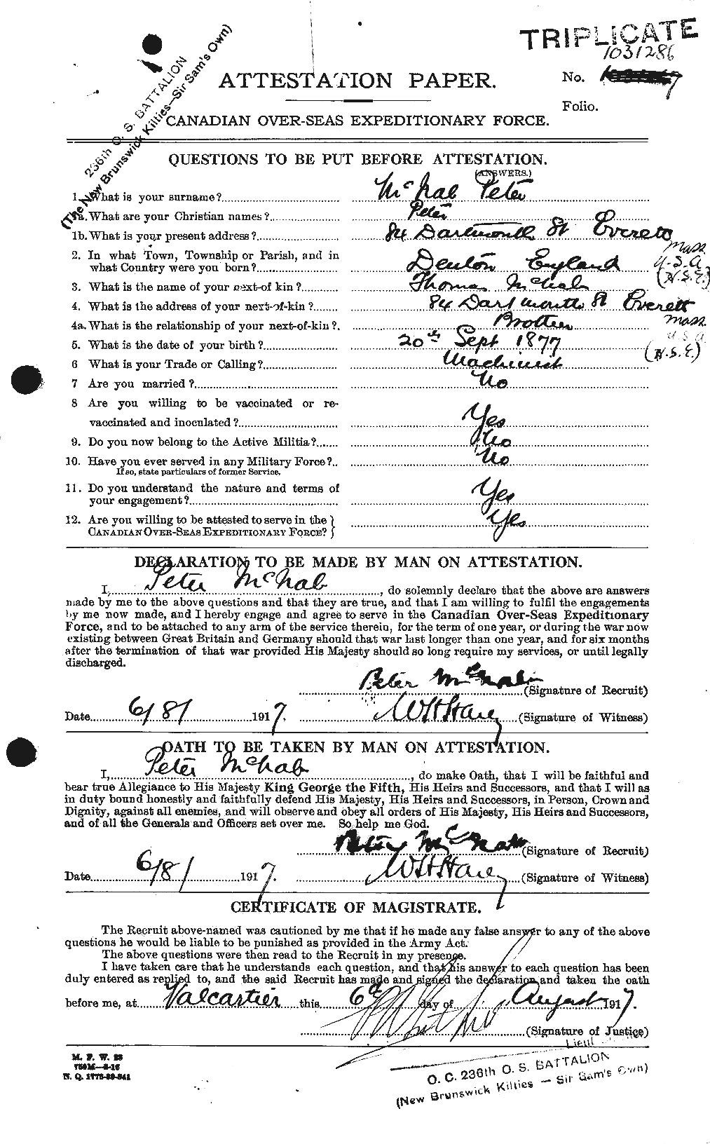 Dossiers du Personnel de la Première Guerre mondiale - CEC 536268a