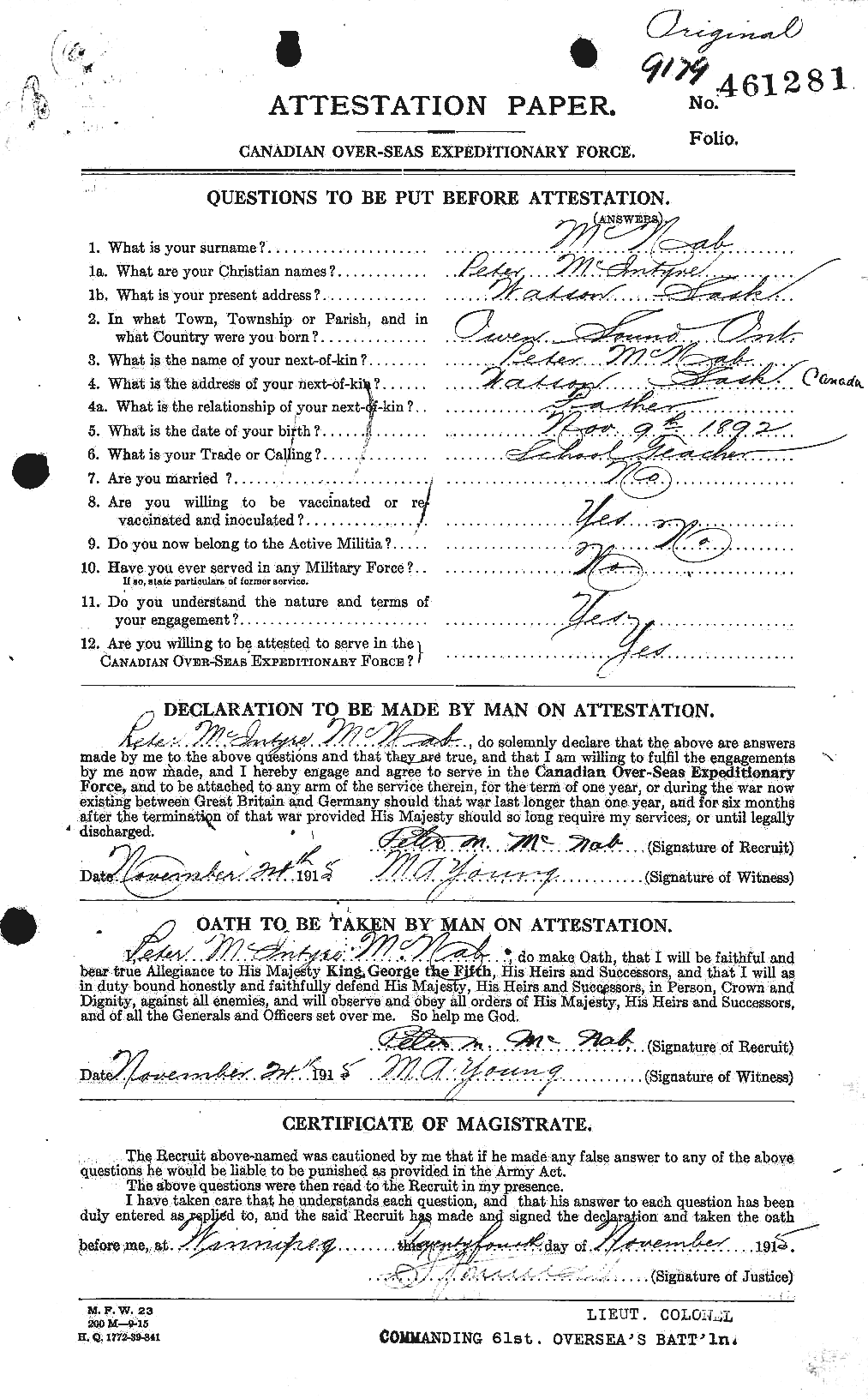 Dossiers du Personnel de la Première Guerre mondiale - CEC 536270a
