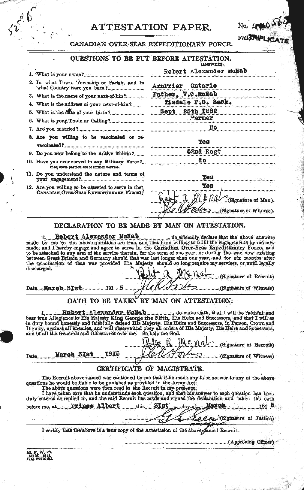 Dossiers du Personnel de la Première Guerre mondiale - CEC 536273a