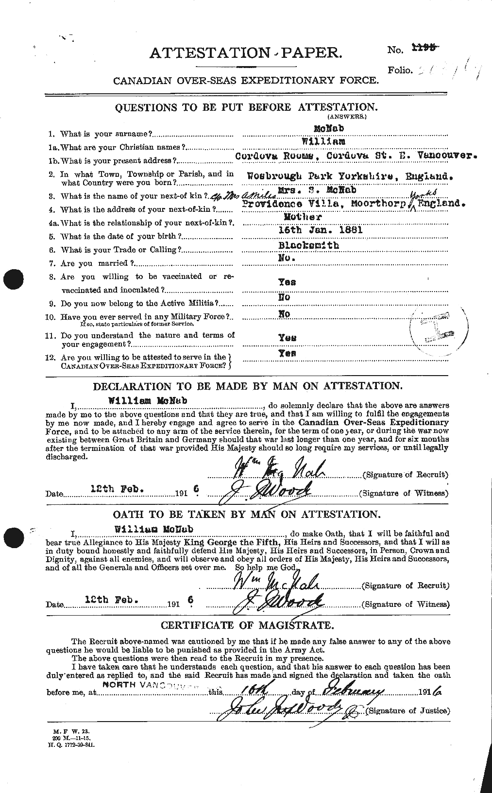 Dossiers du Personnel de la Première Guerre mondiale - CEC 536283a