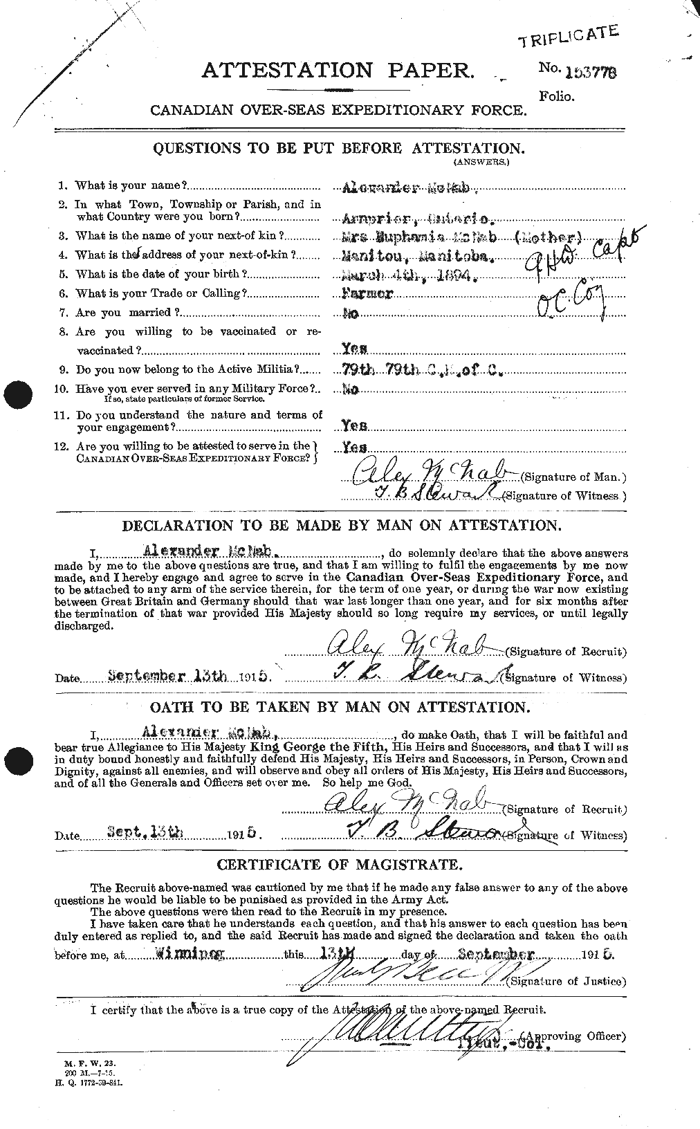Dossiers du Personnel de la Première Guerre mondiale - CEC 539509a