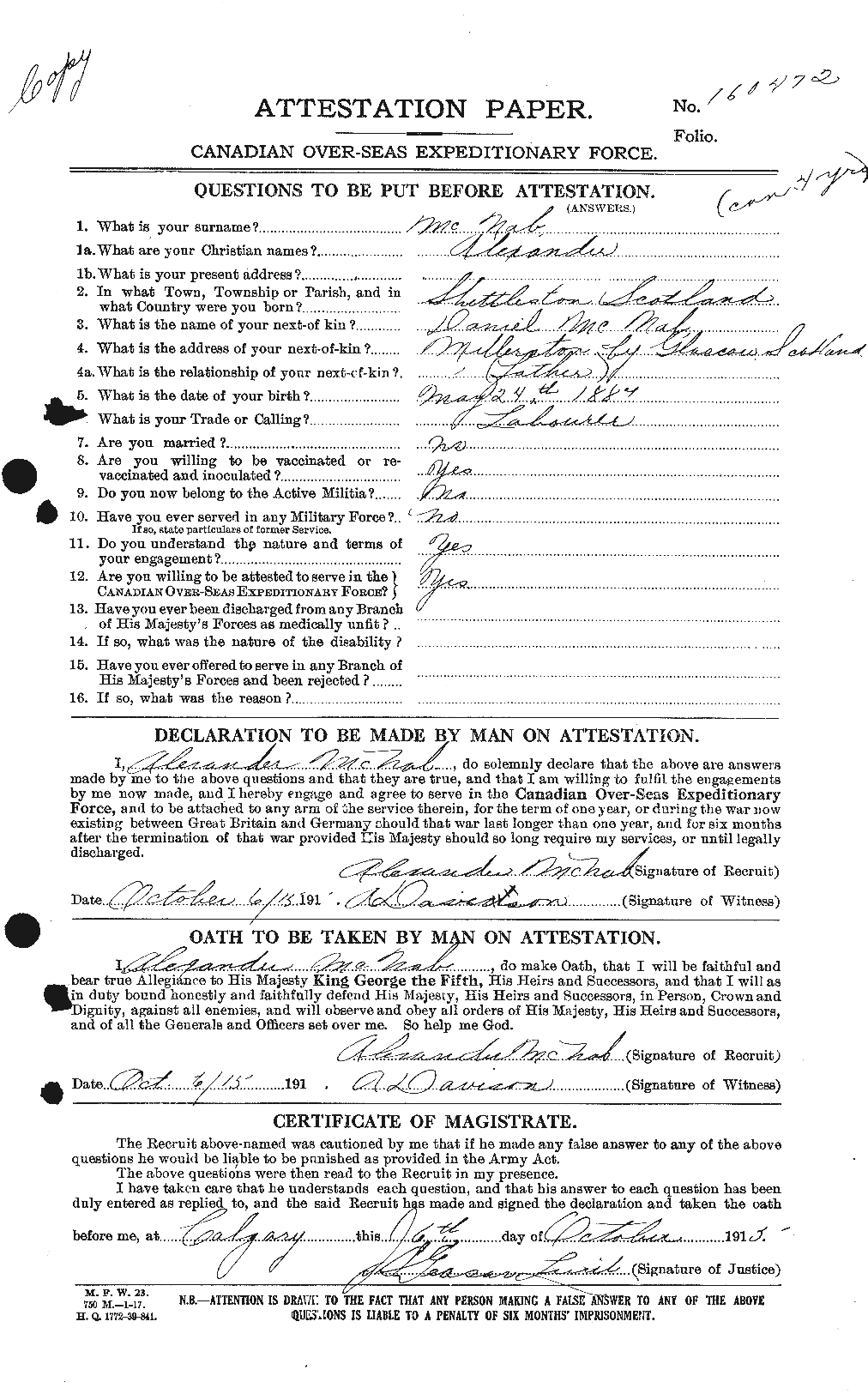 Dossiers du Personnel de la Première Guerre mondiale - CEC 539510a