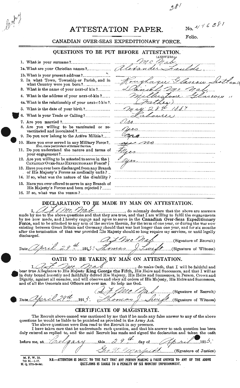 Dossiers du Personnel de la Première Guerre mondiale - CEC 539514a
