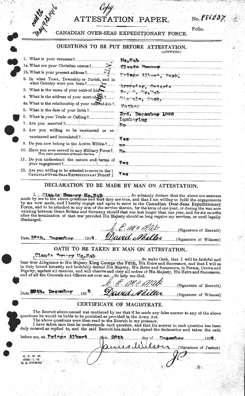 Dossiers du Personnel de la Première Guerre mondiale - CEC 539527a