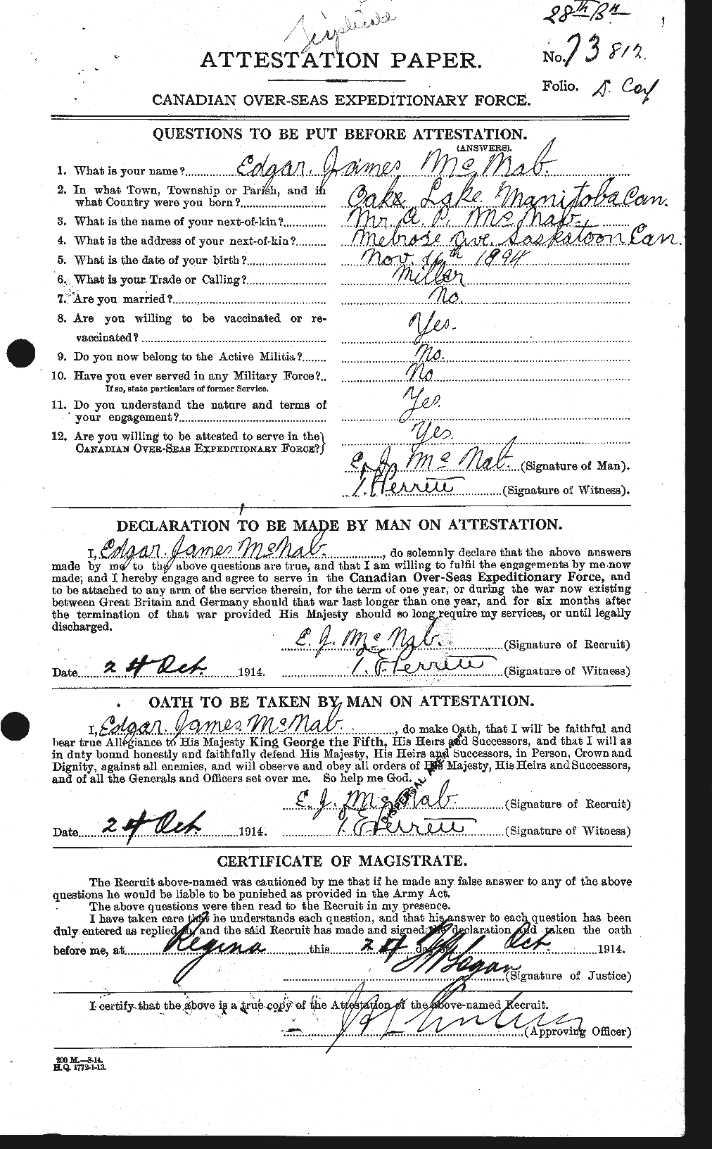 Dossiers du Personnel de la Première Guerre mondiale - CEC 539543a