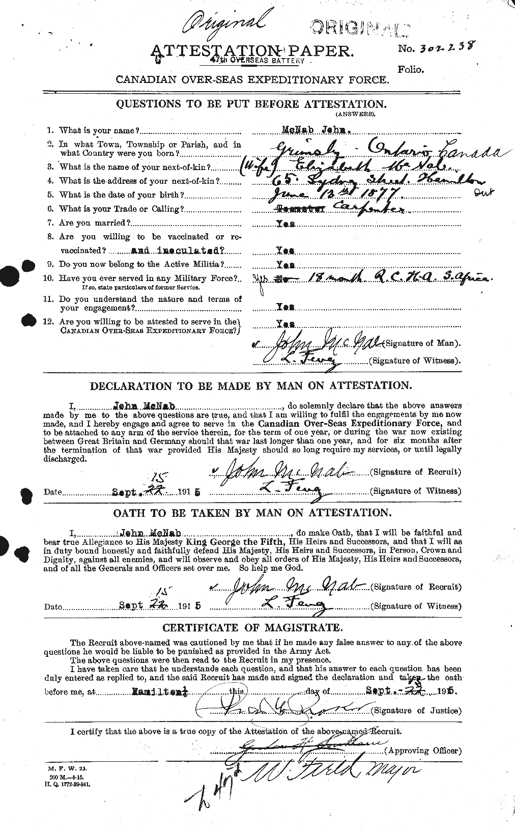 Dossiers du Personnel de la Première Guerre mondiale - CEC 539567a