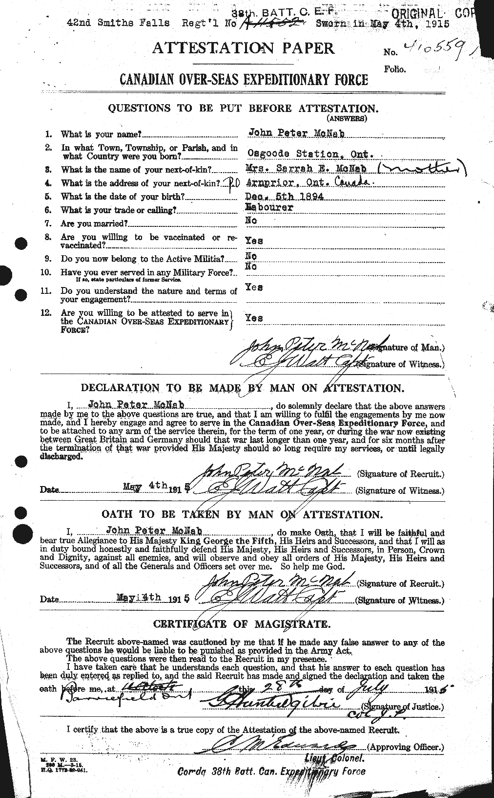 Dossiers du Personnel de la Première Guerre mondiale - CEC 539574a