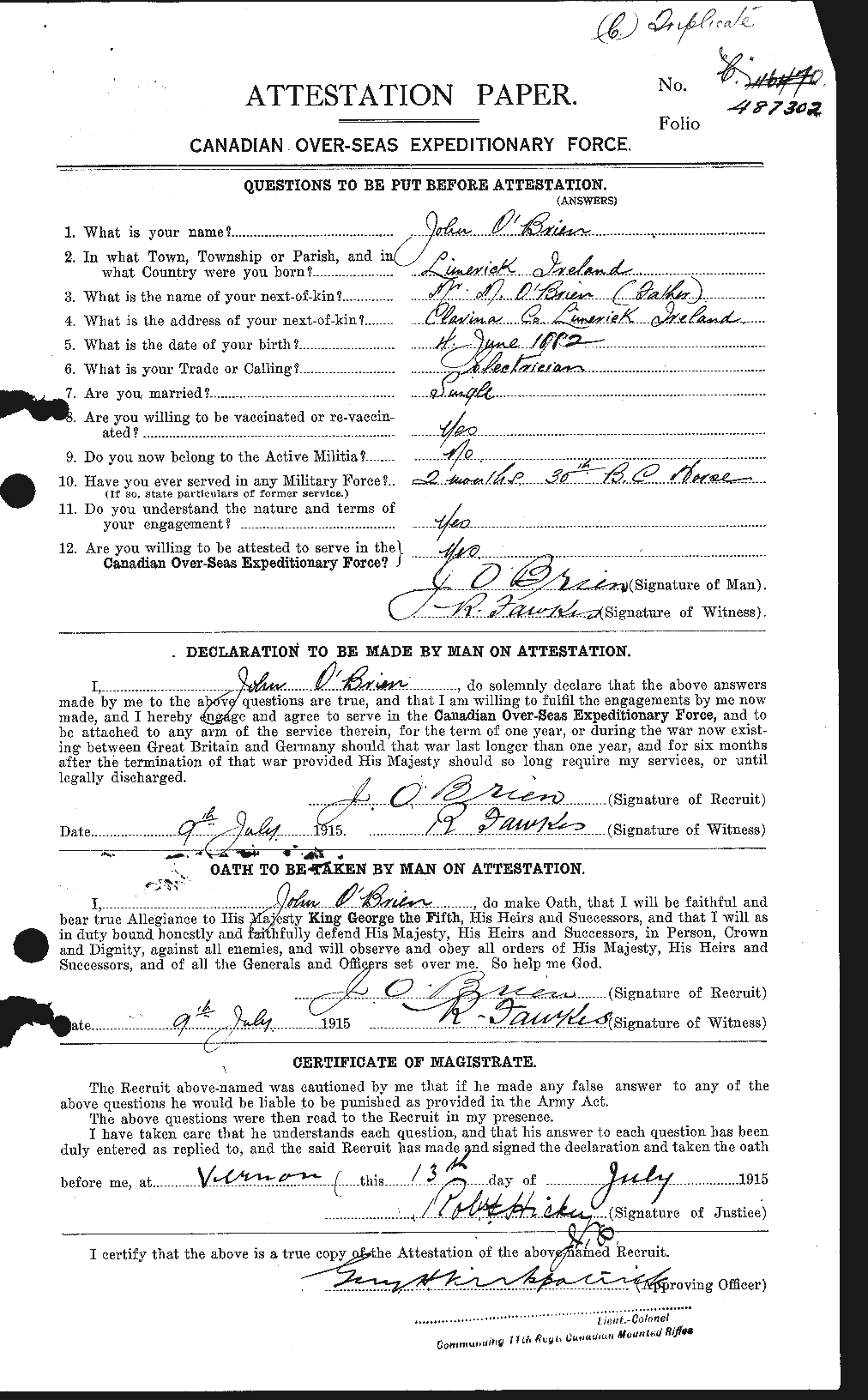 Dossiers du Personnel de la Première Guerre mondiale - CEC 554664a