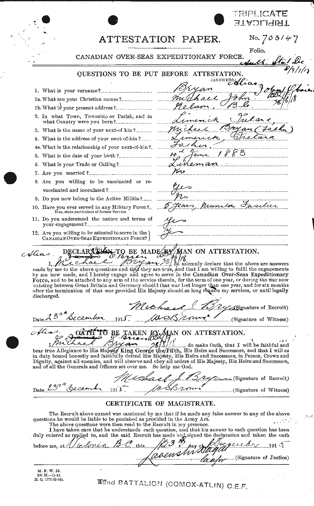 Dossiers du Personnel de la Première Guerre mondiale - CEC 554666a