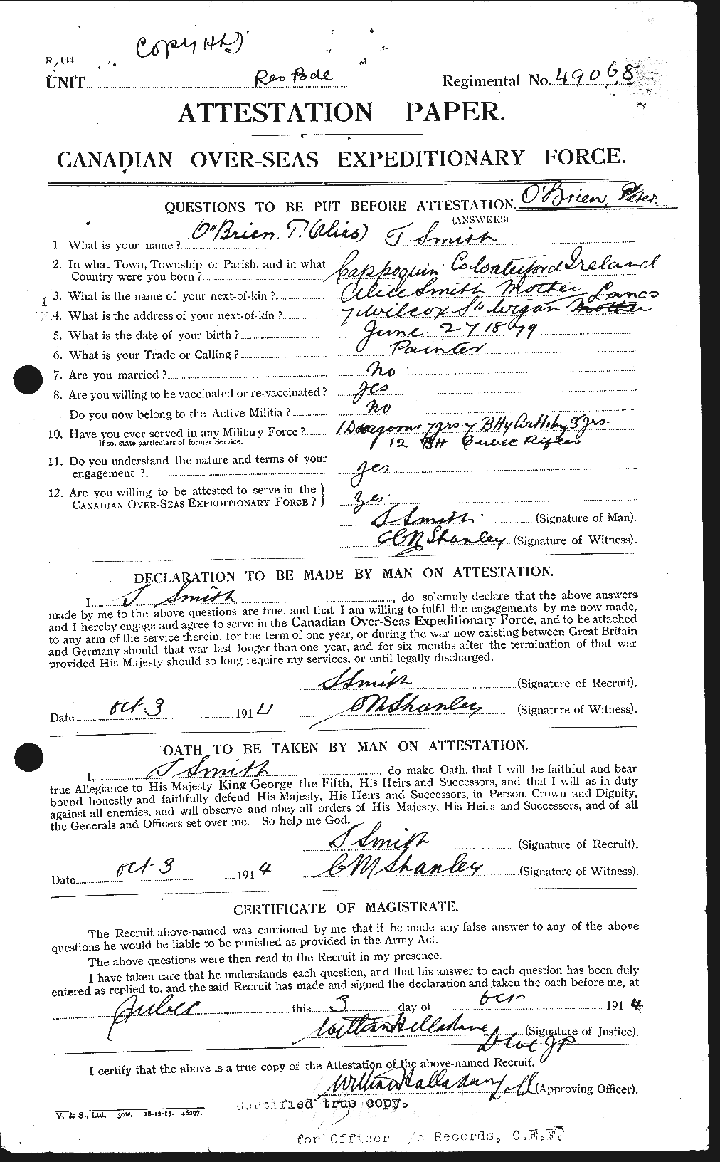 Dossiers du Personnel de la Première Guerre mondiale - CEC 554923a