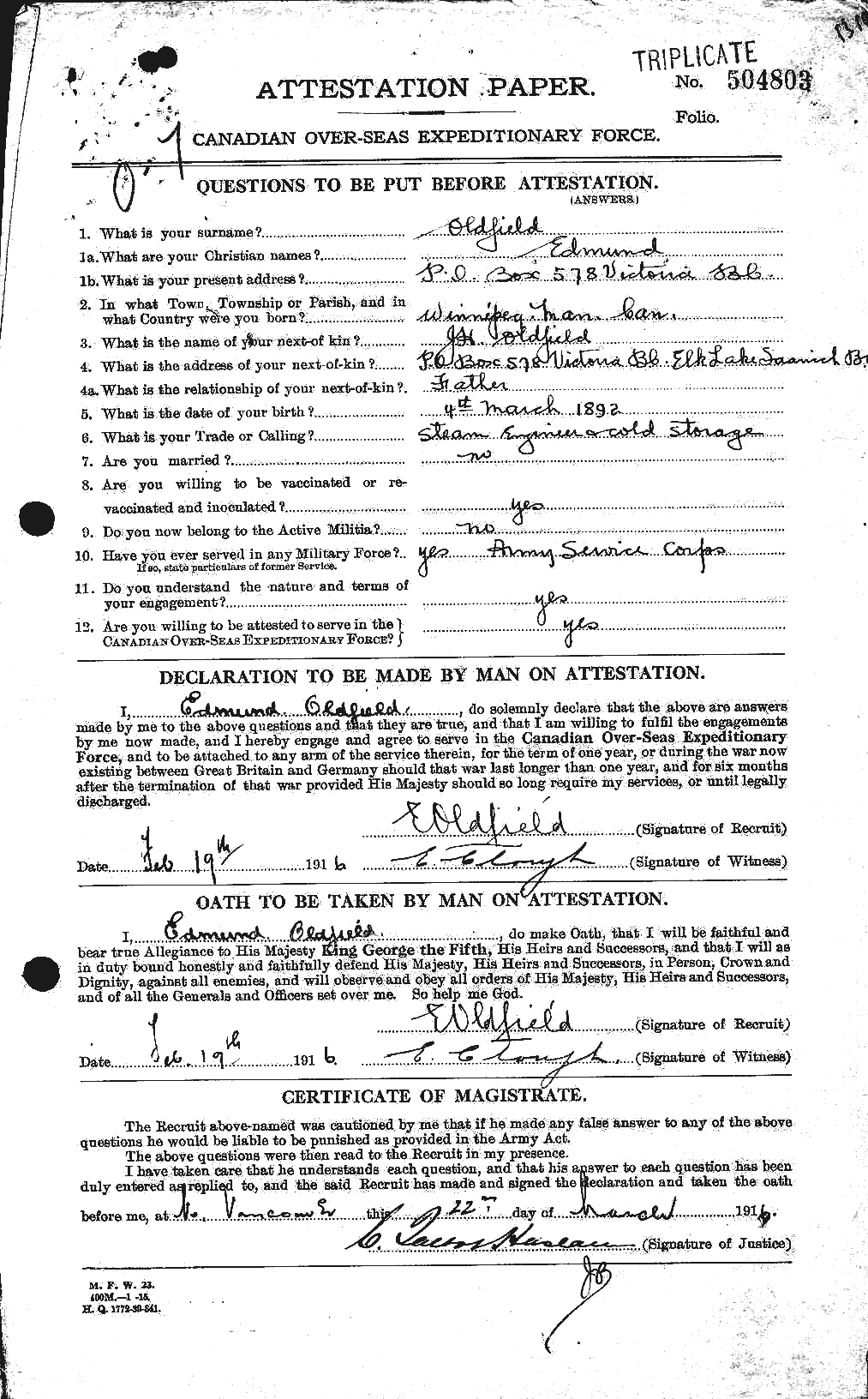 Dossiers du Personnel de la Première Guerre mondiale - CEC 556935a