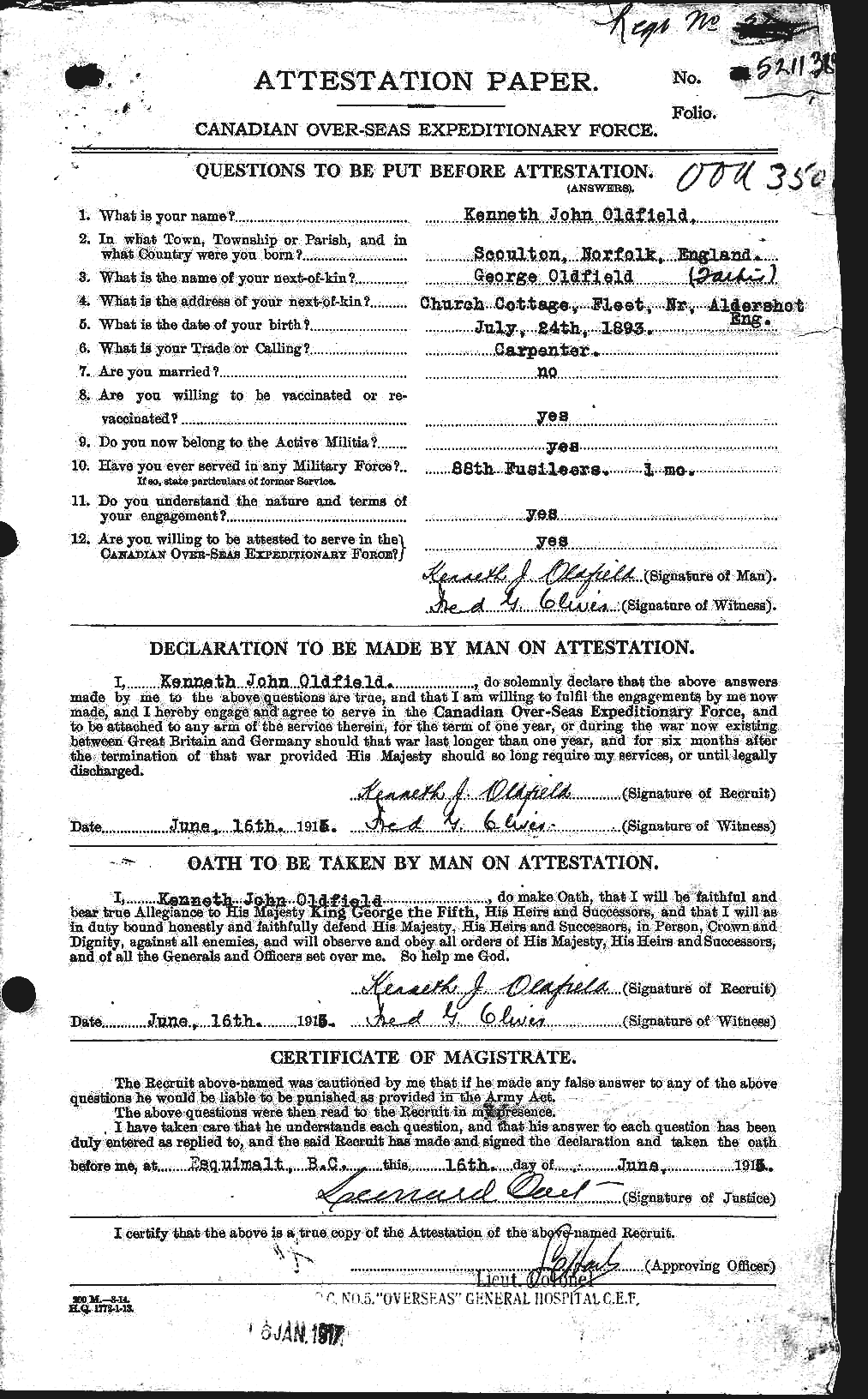 Dossiers du Personnel de la Première Guerre mondiale - CEC 556958a