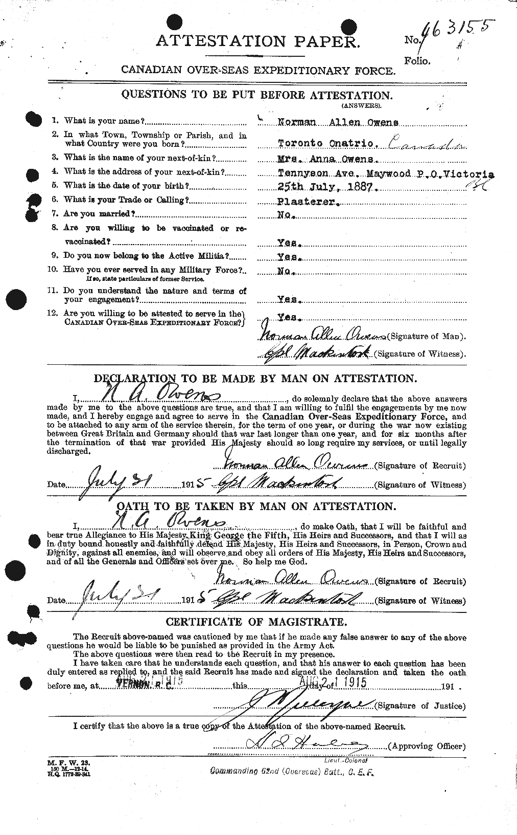 Dossiers du Personnel de la Première Guerre mondiale - CEC 561503a