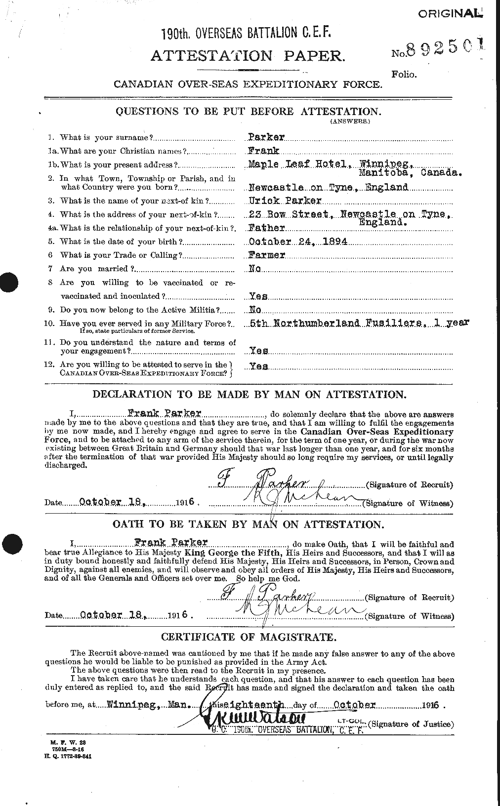 Personnel Records of the First World War - CEF 565187a