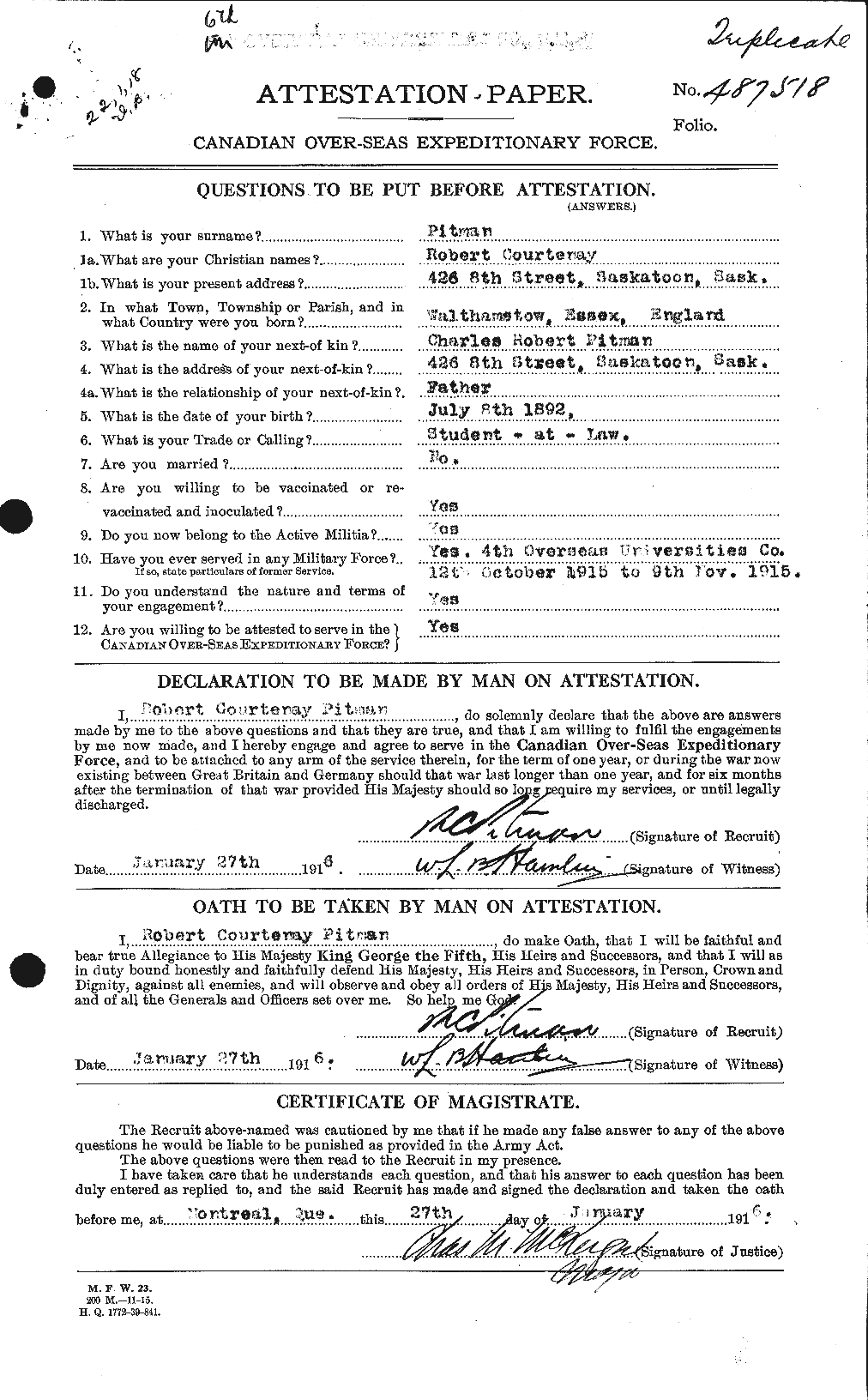 Dossiers du Personnel de la Première Guerre mondiale - CEC 583502a