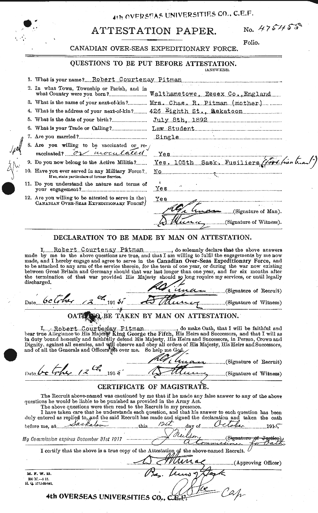 Dossiers du Personnel de la Première Guerre mondiale - CEC 583503a