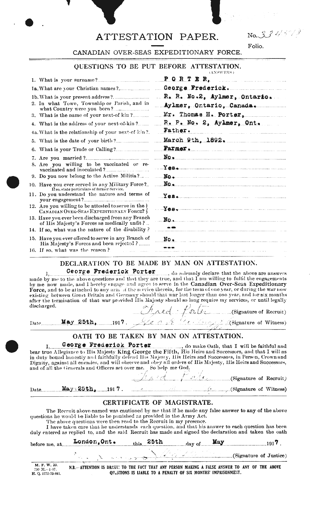 Dossiers du Personnel de la Première Guerre mondiale - CEC 583601a