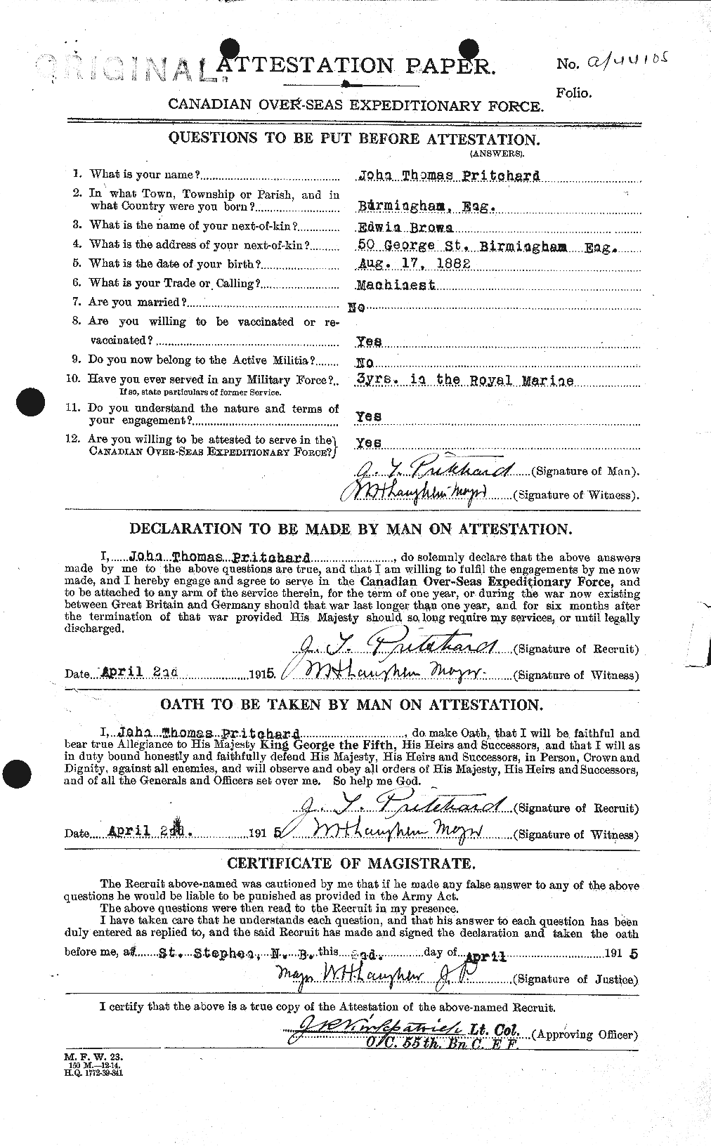 Dossiers du Personnel de la Première Guerre mondiale - CEC 588572a