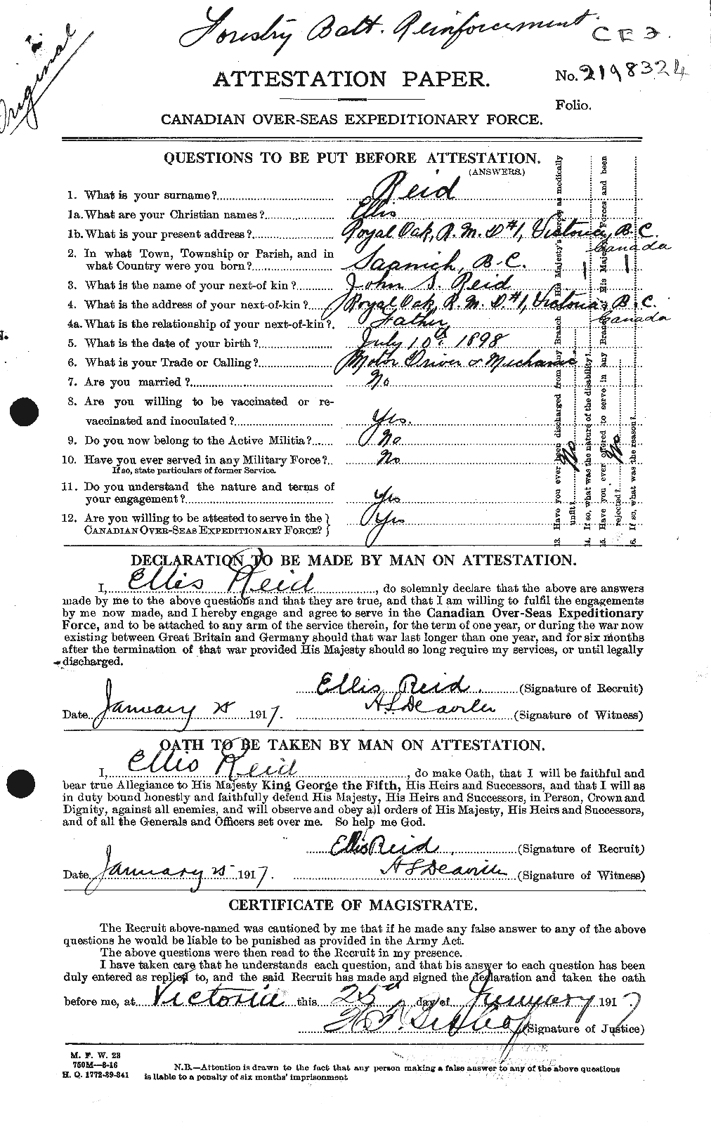 Dossiers du Personnel de la Première Guerre mondiale - CEC 597999a