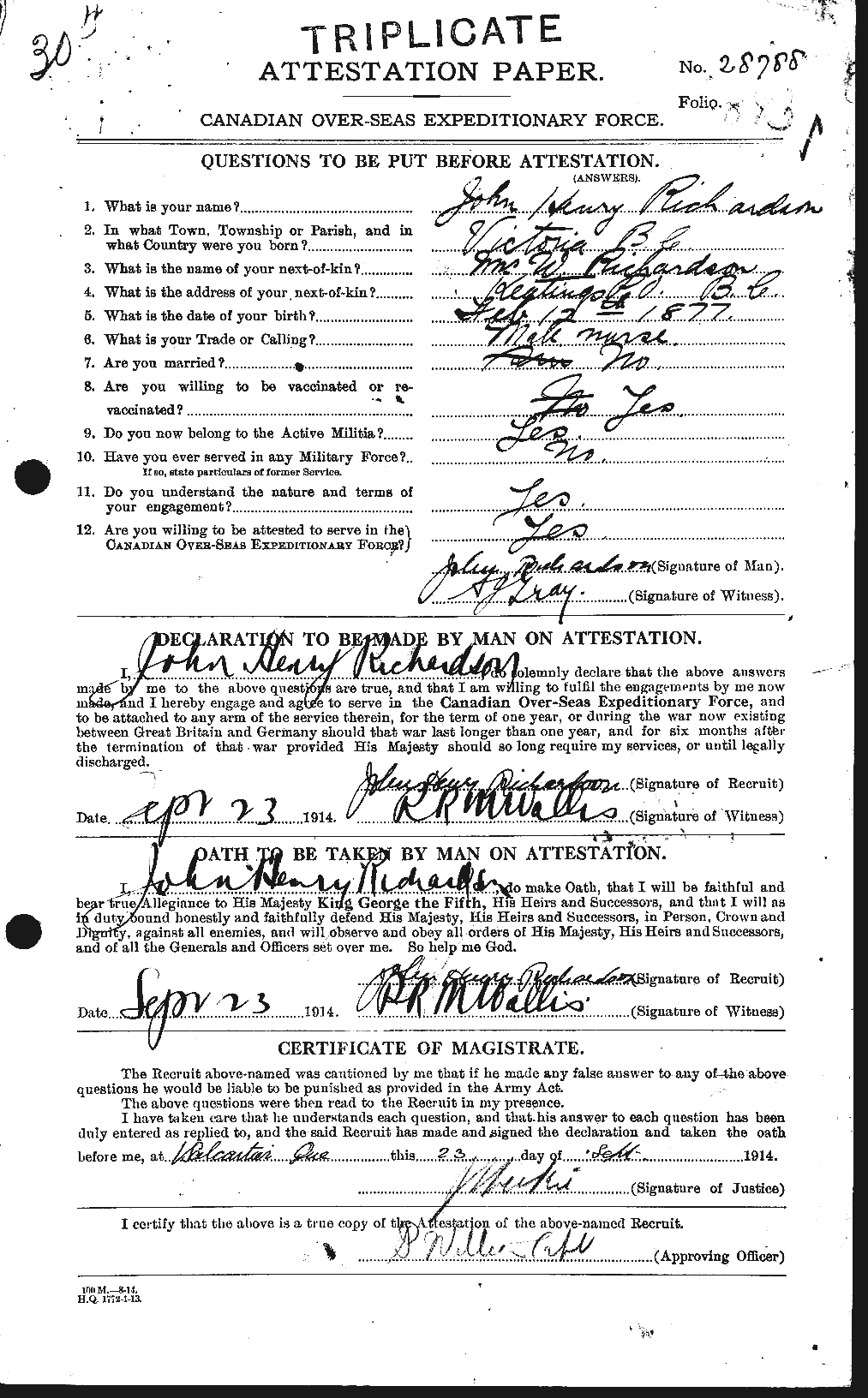 Dossiers du Personnel de la Première Guerre mondiale - CEC 605061a