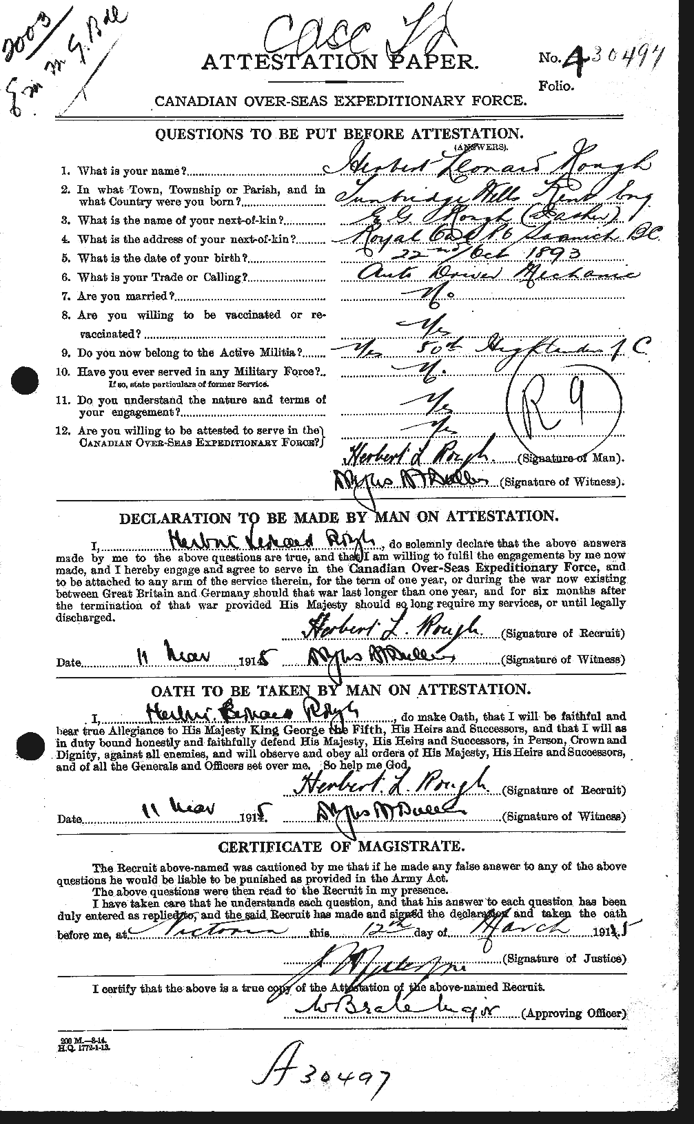 Dossiers du Personnel de la Première Guerre mondiale - CEC 614529a