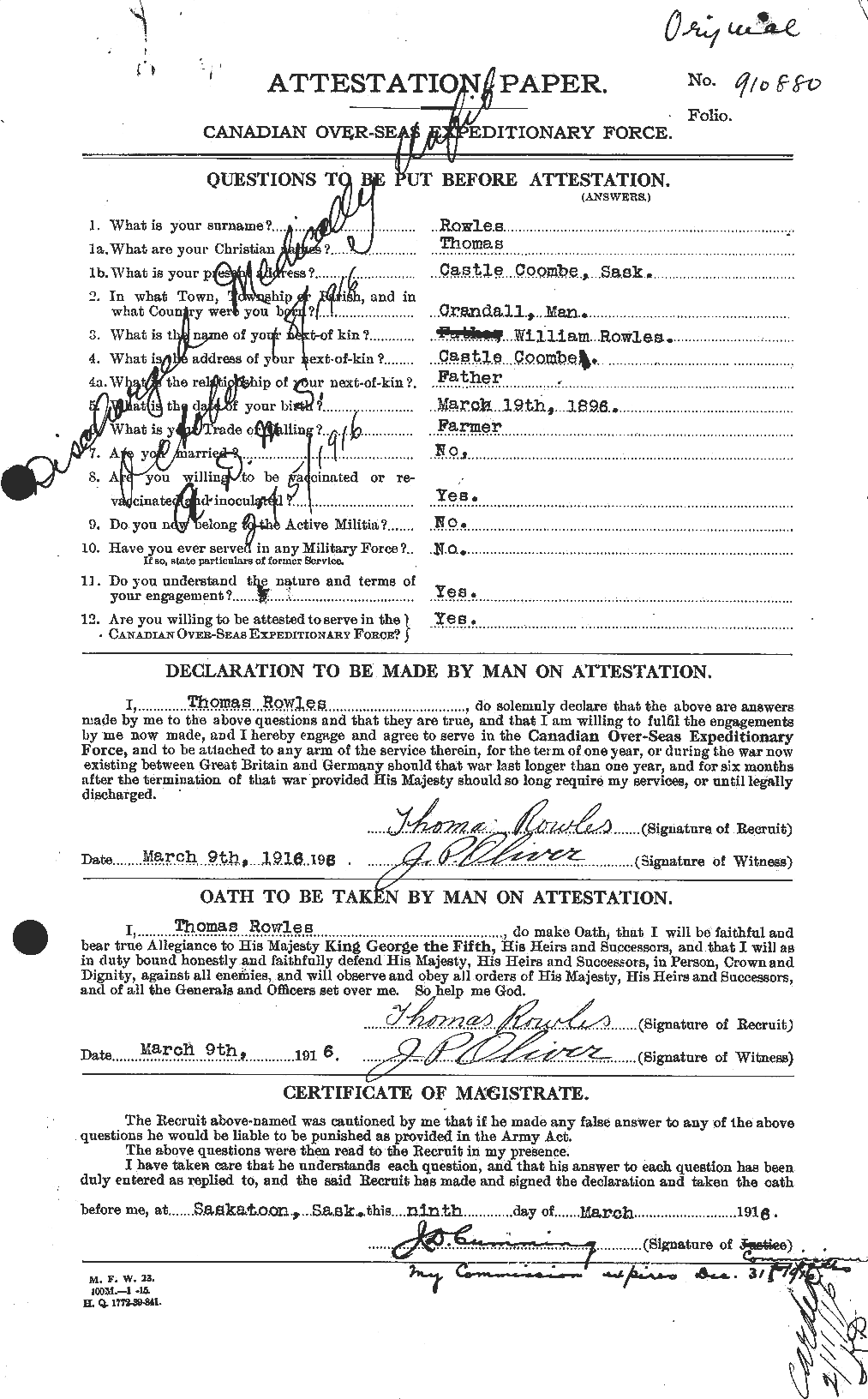 Dossiers du Personnel de la Première Guerre mondiale - CEC 619746a