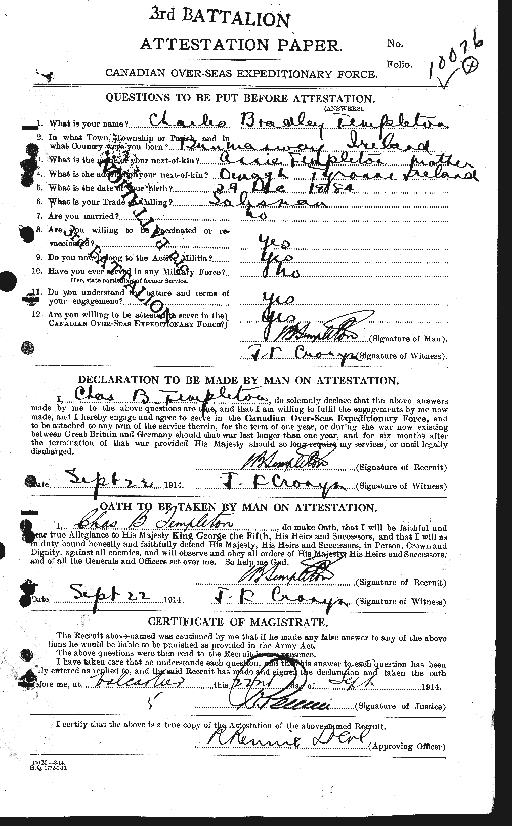 Dossiers du Personnel de la Première Guerre mondiale - CEC 629146a