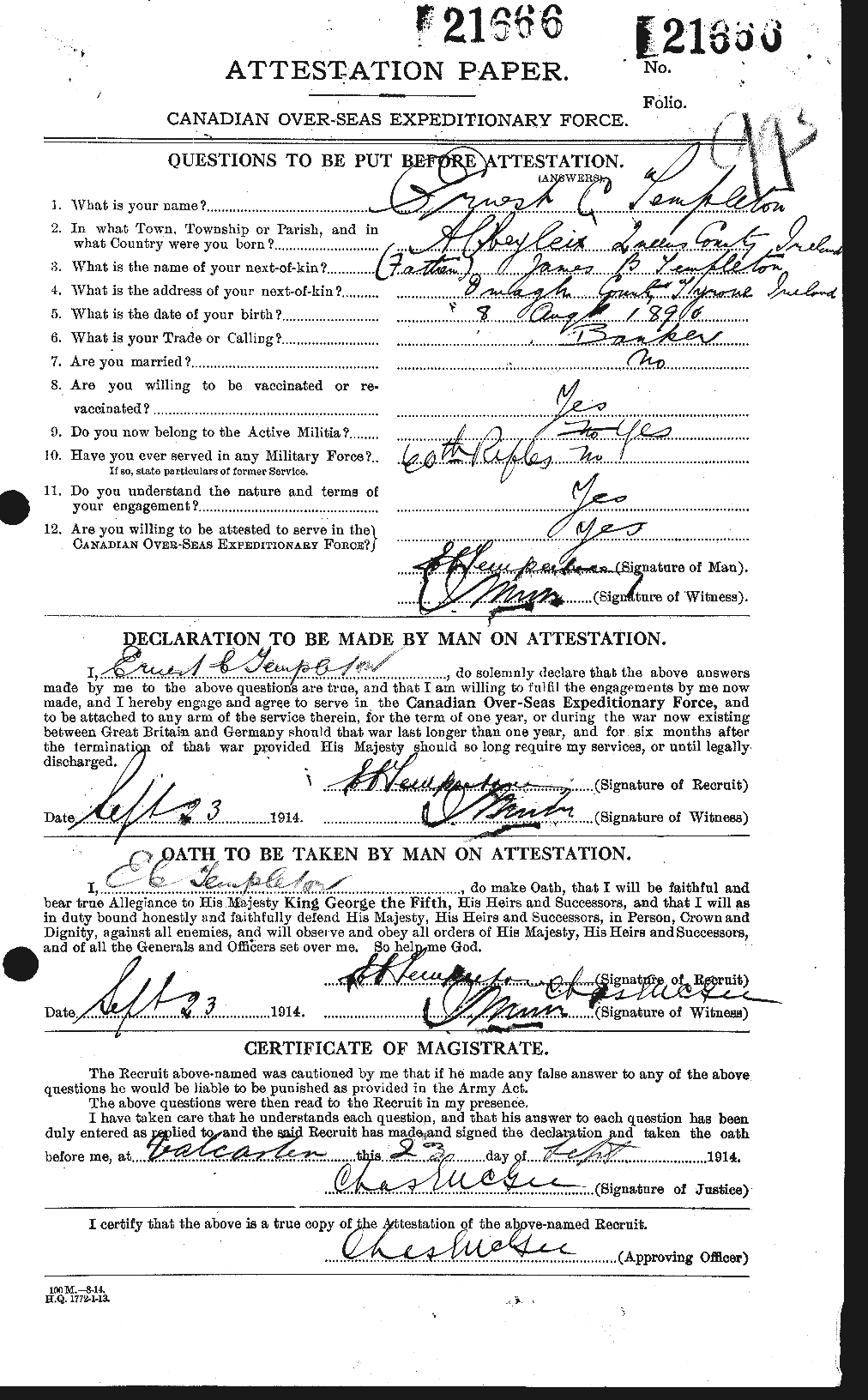 Dossiers du Personnel de la Première Guerre mondiale - CEC 629149a