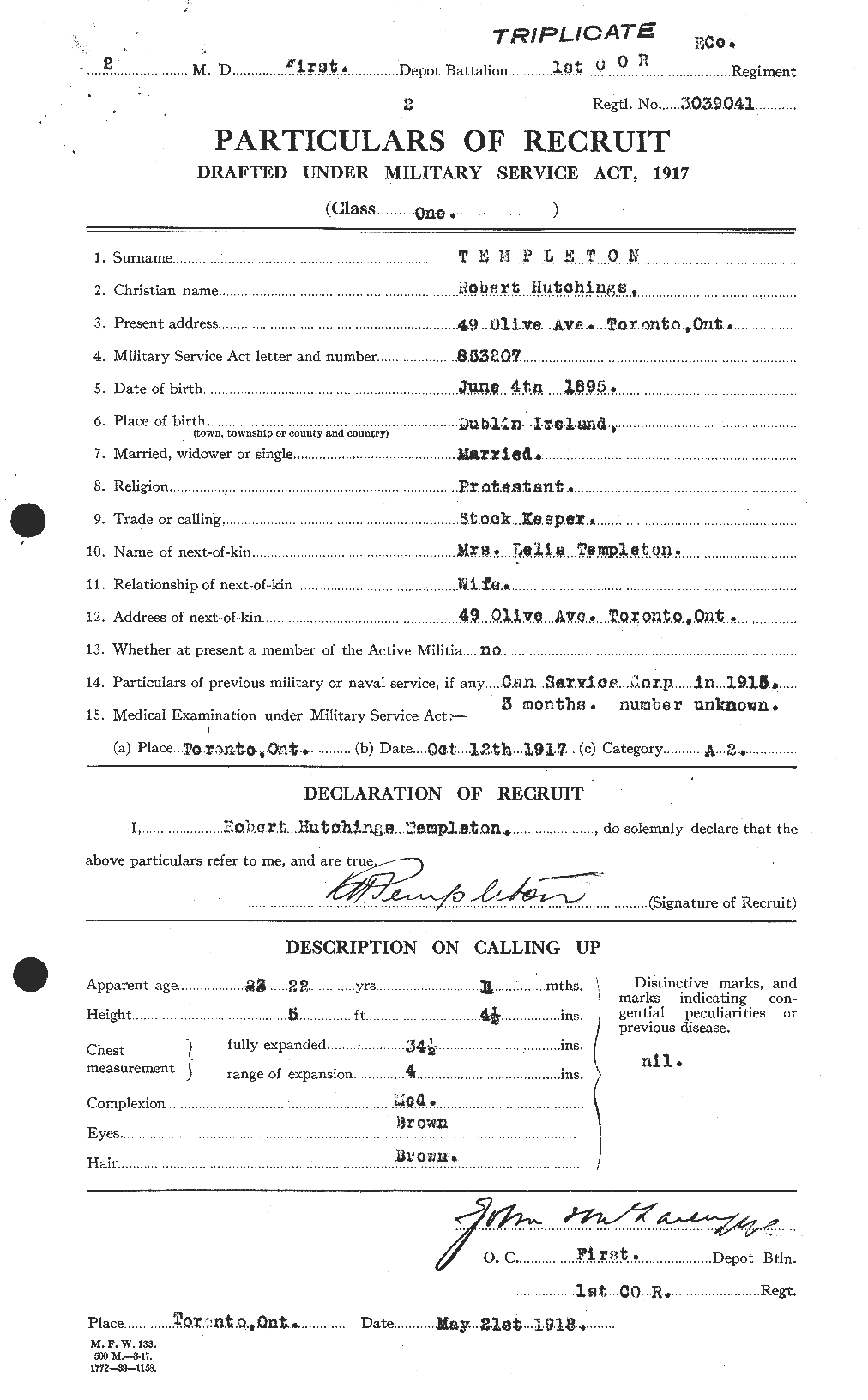 Dossiers du Personnel de la Première Guerre mondiale - CEC 629176a