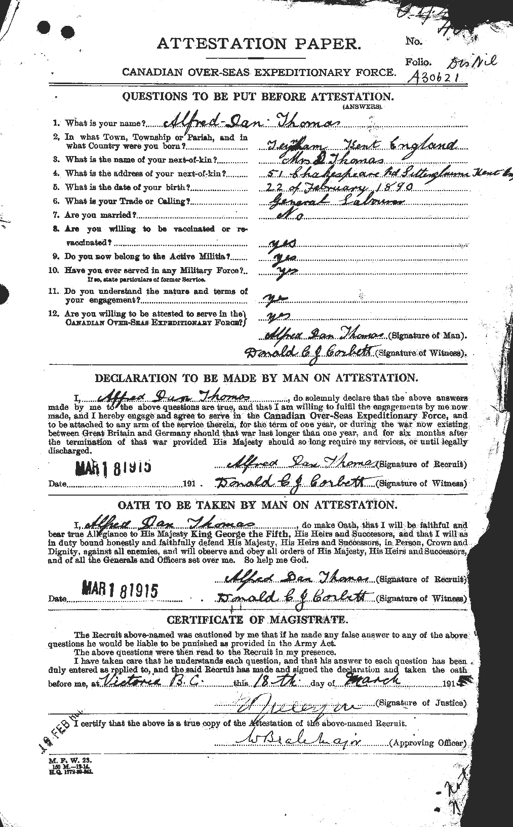 Dossiers du Personnel de la Première Guerre mondiale - CEC 631315a