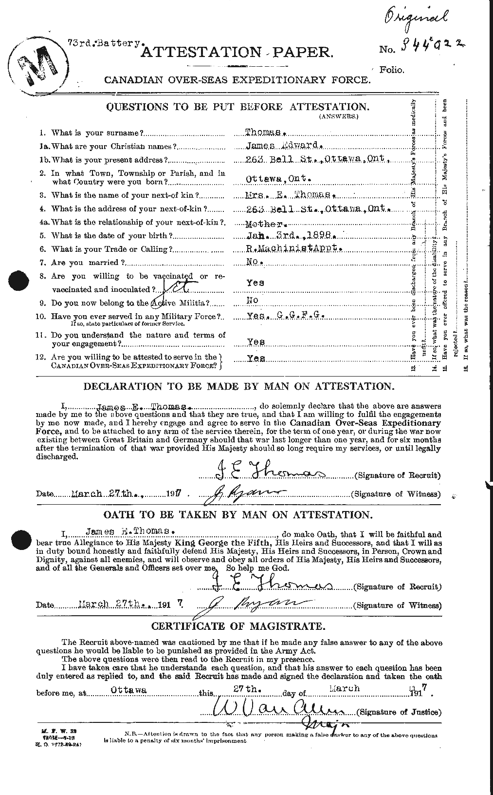 Dossiers du Personnel de la Première Guerre mondiale - CEC 632390a