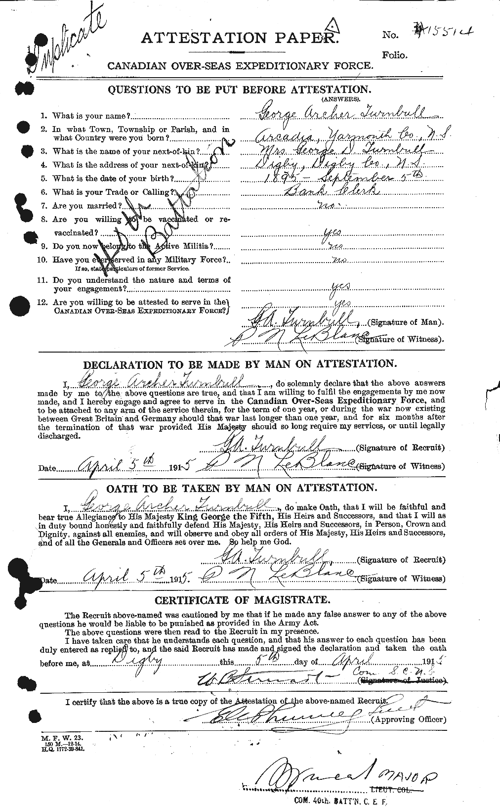 Dossiers du Personnel de la Première Guerre mondiale - CEC 646047a