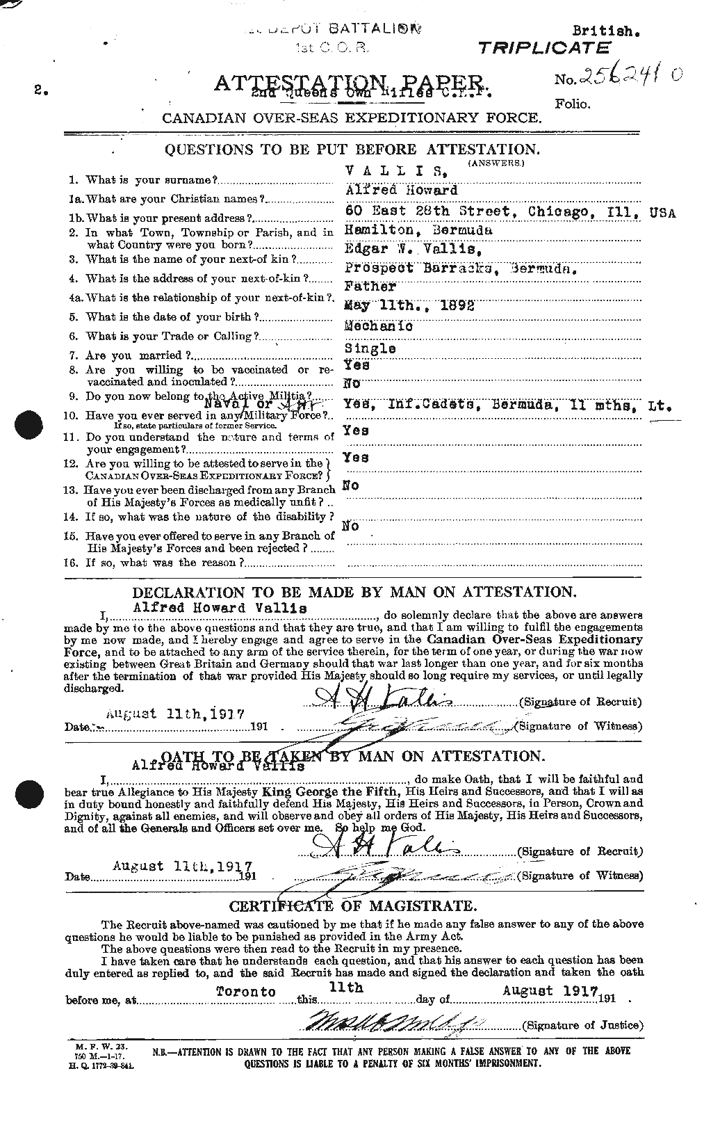 Dossiers du Personnel de la Première Guerre mondiale - CEC 646509a