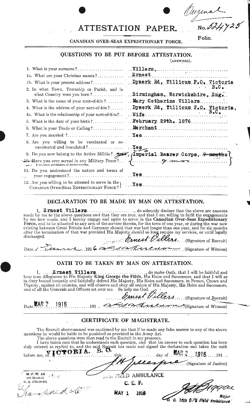 Dossiers du Personnel de la Première Guerre mondiale - CEC 653894a