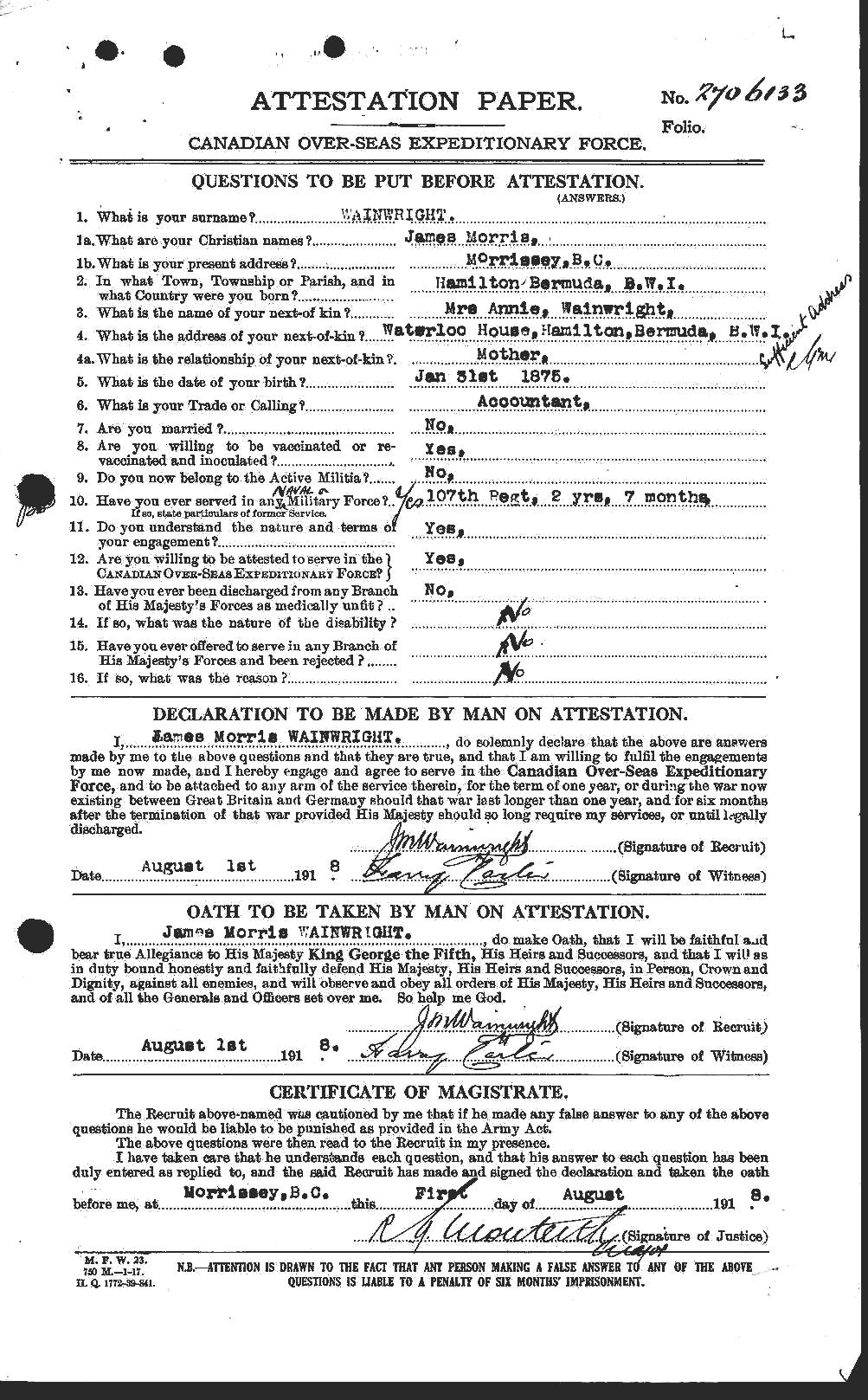 Dossiers du Personnel de la Première Guerre mondiale - CEC 654186a