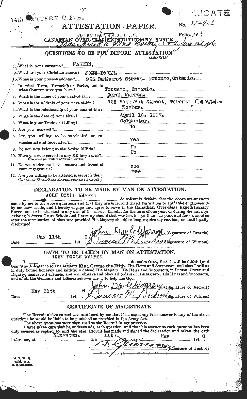 Dossiers du Personnel de la Première Guerre mondiale - CEC 658549a