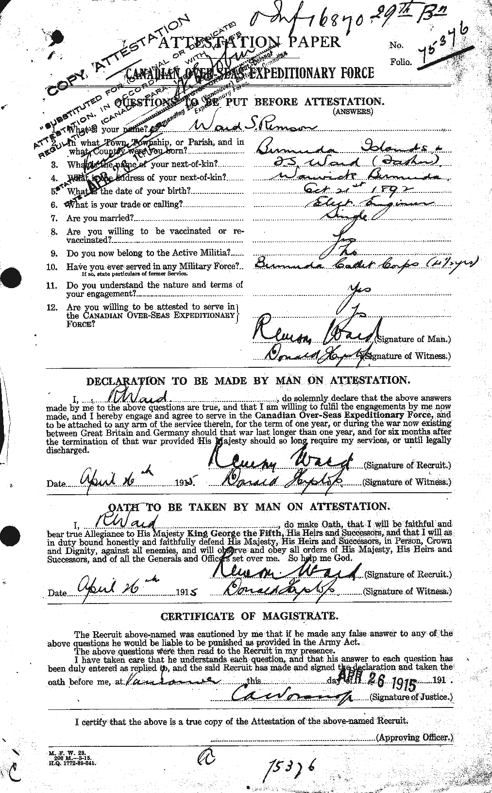Dossiers du Personnel de la Première Guerre mondiale - CEC 659645a