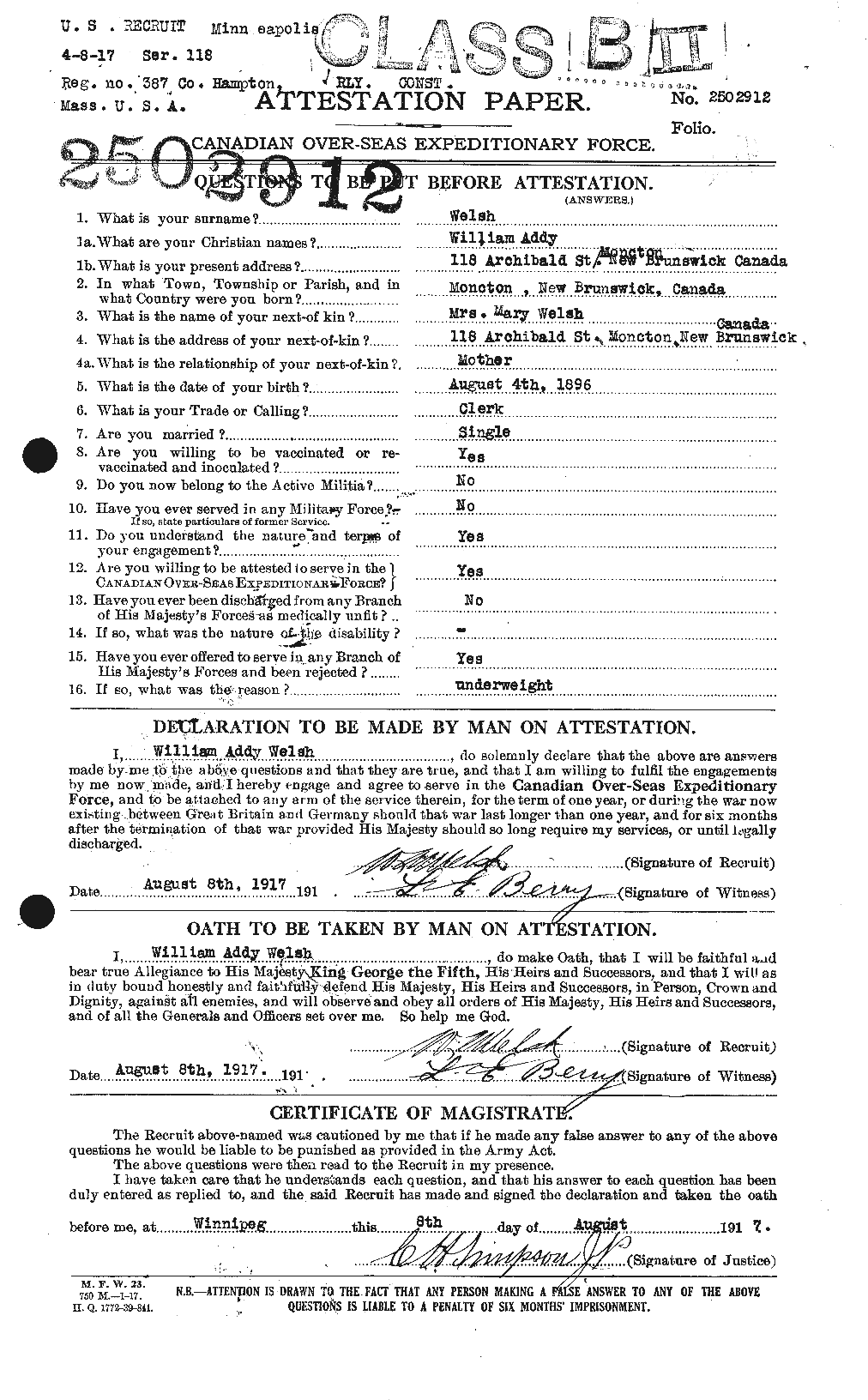 Dossiers du Personnel de la Première Guerre mondiale - CEC 664449a